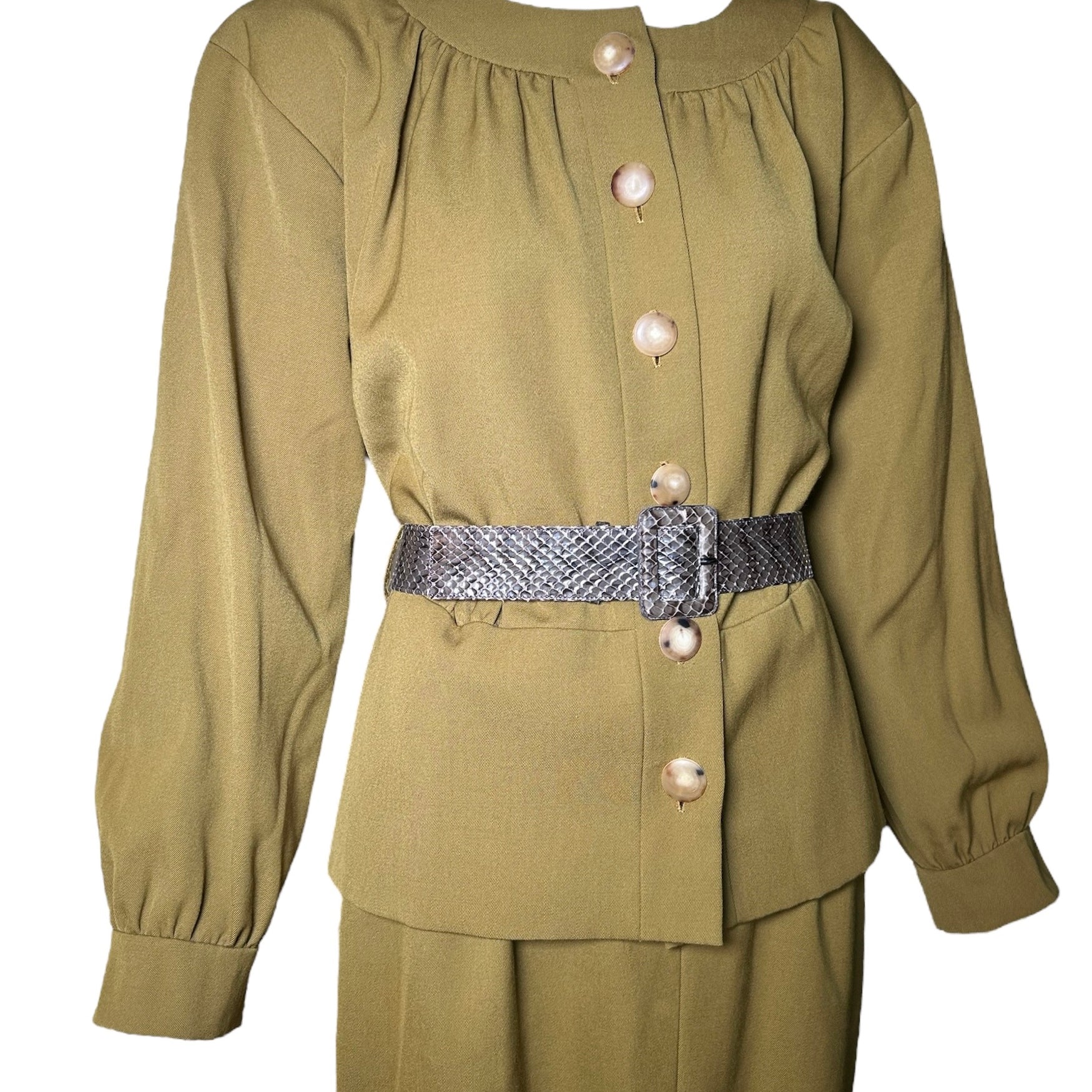 Yves Saint Laurent 80s Army Green Ensemble with Python Belt BLOUSE AND BELT PHOTO 2 OF 10