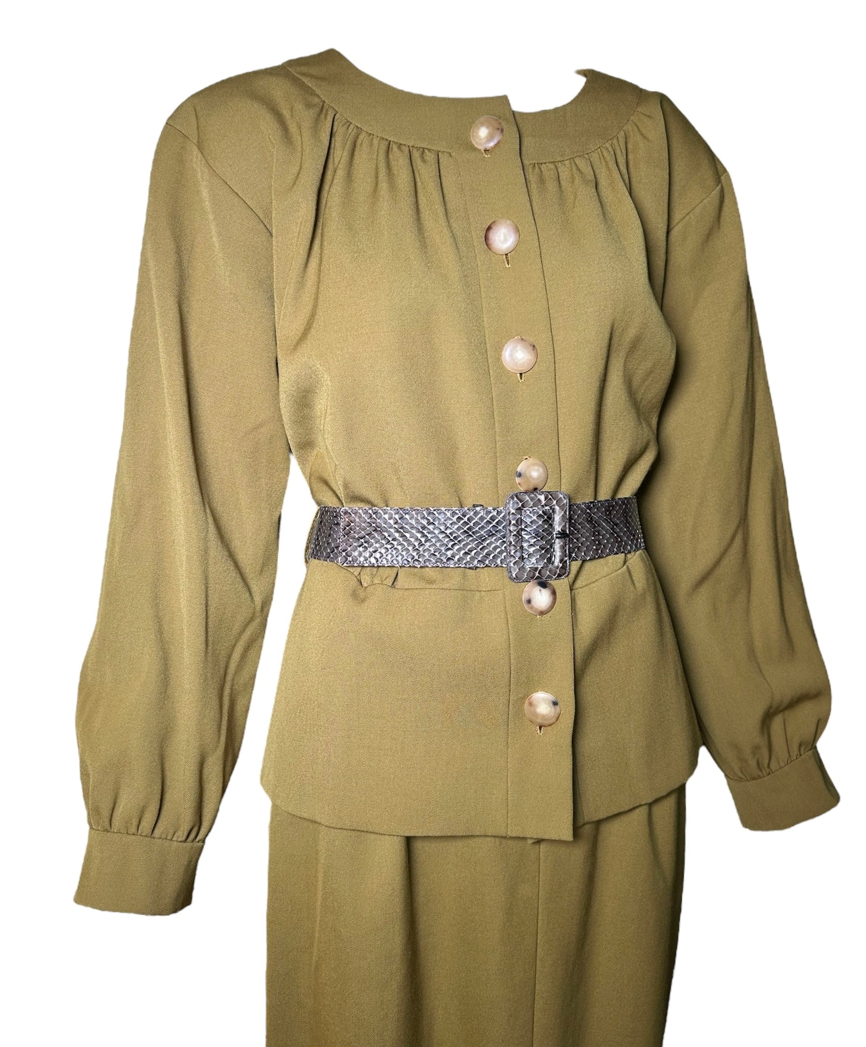 Yves Saint Laurent 80s Army Green Ensemble with Python Belt BLOUSE AND BELT PHOTO 2 OF 10