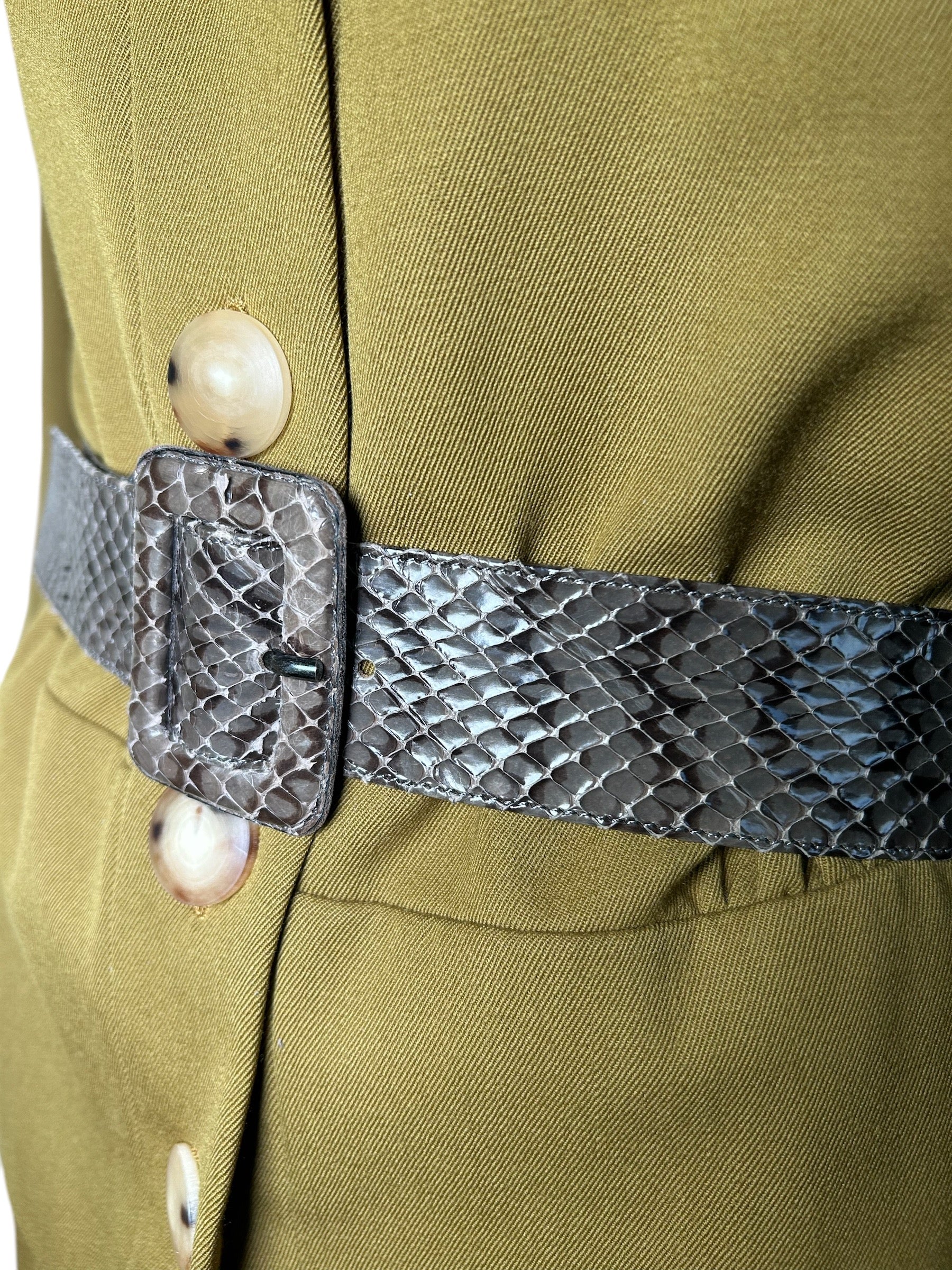 Yves Saint Laurent 80s Army Green Ensemble with Python Belt BELT DETAIL PHOTO 9 OF 10