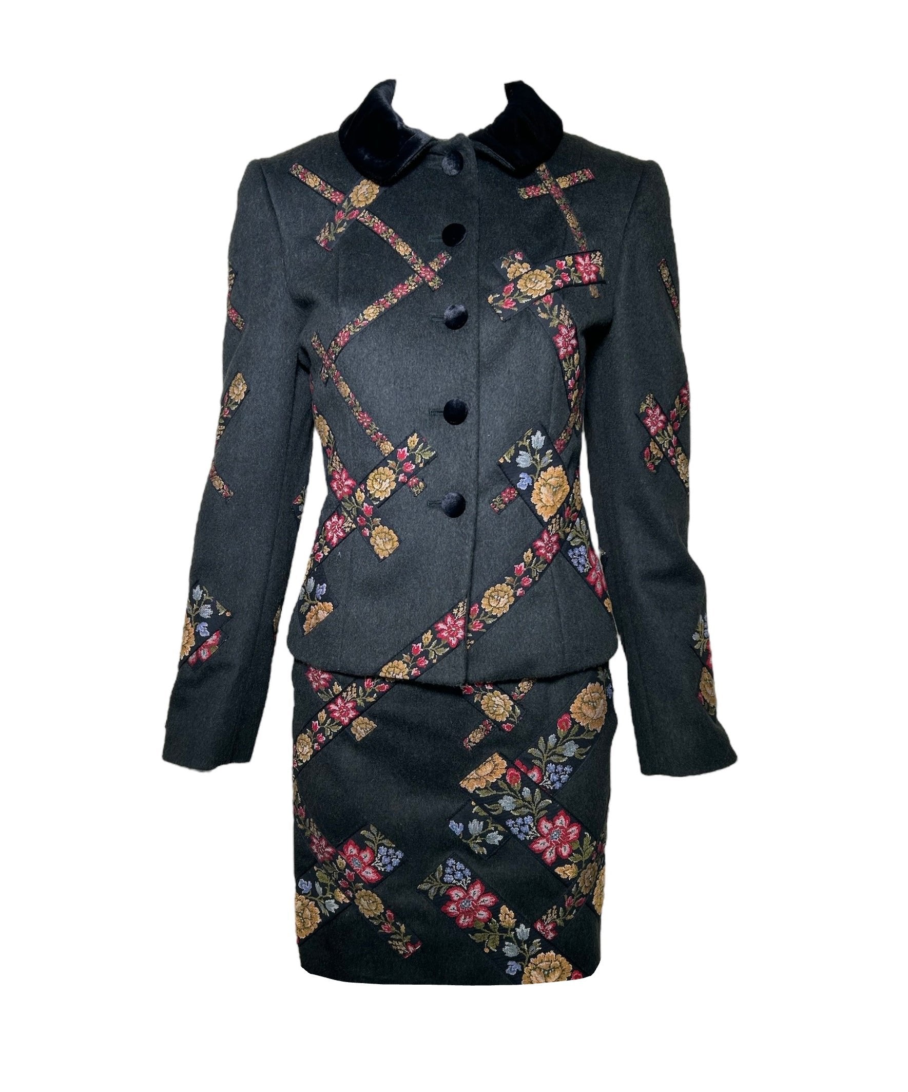 Moschino 1990s Cheap and Chic Wool Suit Ensemble w/Petit-Point Floral Trim FRONT ENSEMBLE PHOTO 1 OF 7