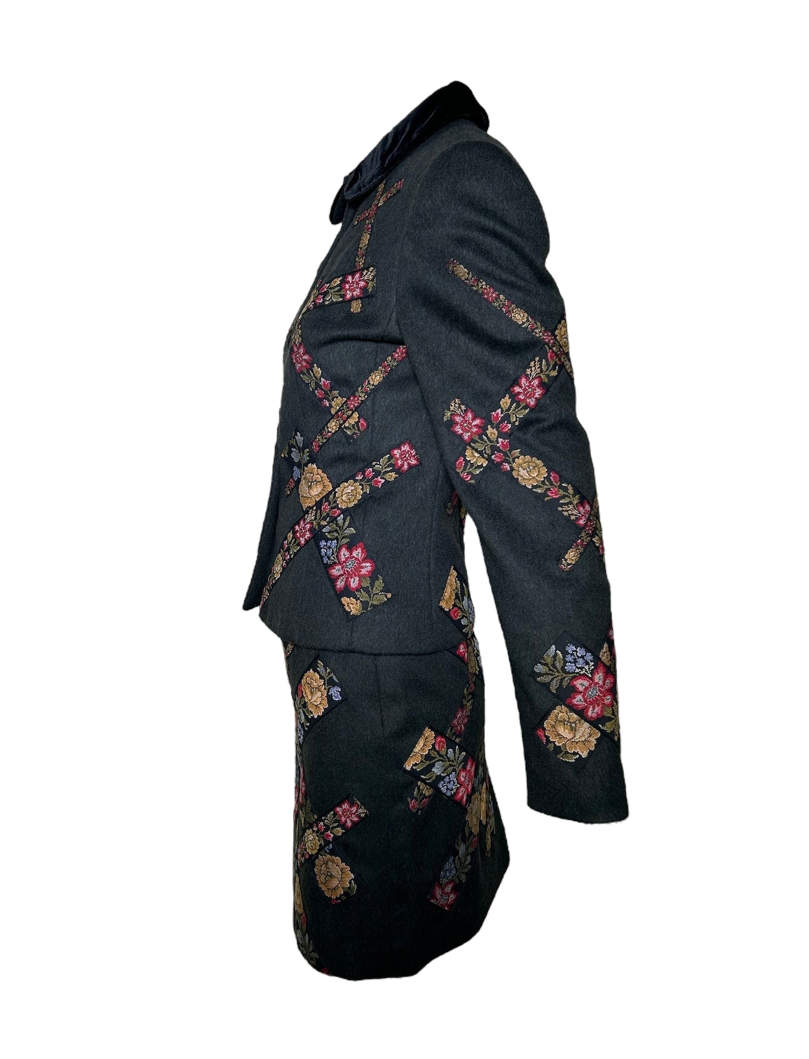 Moschino 1990s Cheap and Chic Wool Suit Ensemble w/Petit-Point Floral Trim SIDE PHOTO 2 OF 7