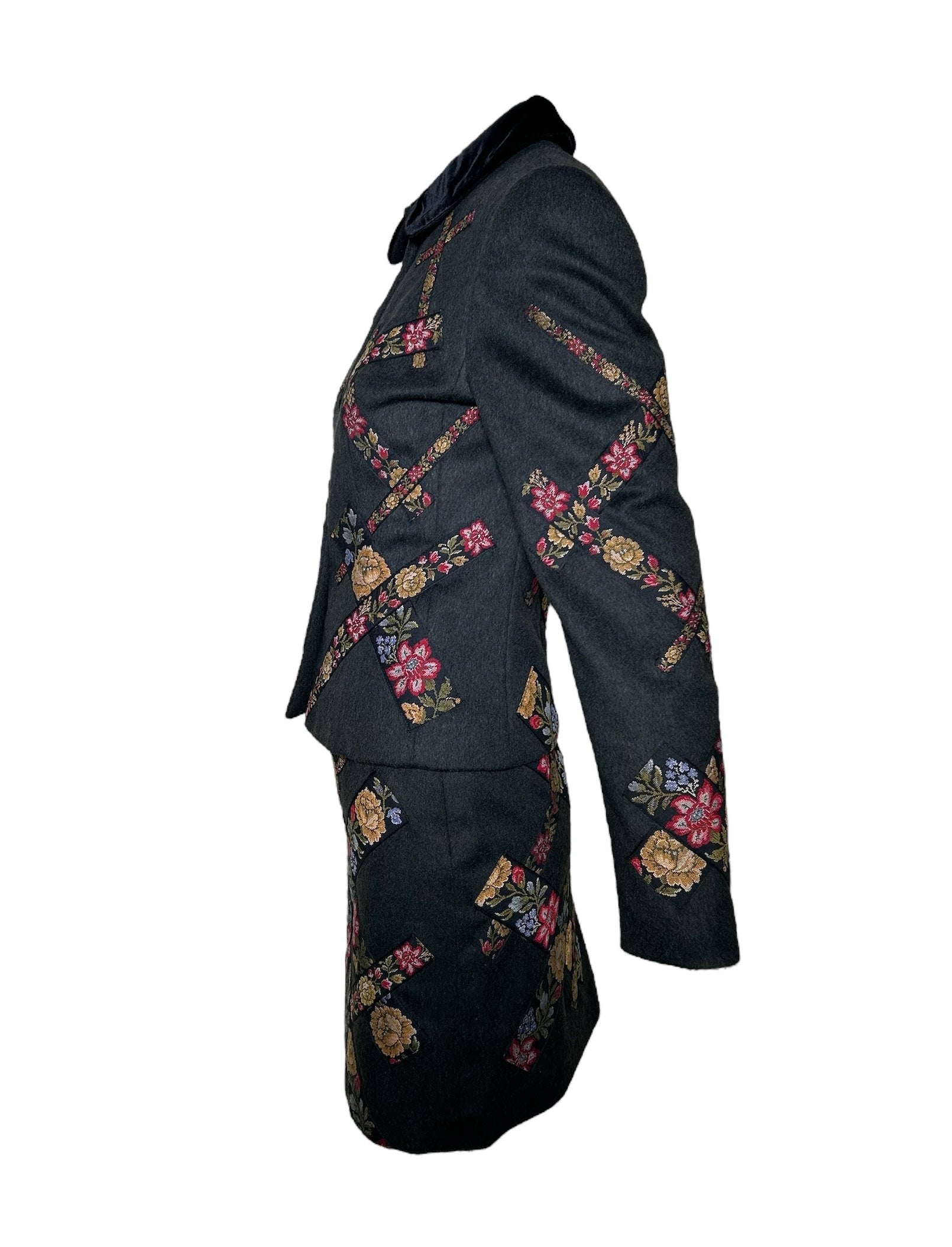 Moschino 1990s Cheap and Chic Wool Suit Ensemble w/Petit-Point Floral Trim SIDE PHOTO 2 OF 7