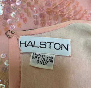 Halston 70s Pink Chiffon Feather Motif Sequin Gown LABEL 6 of 6