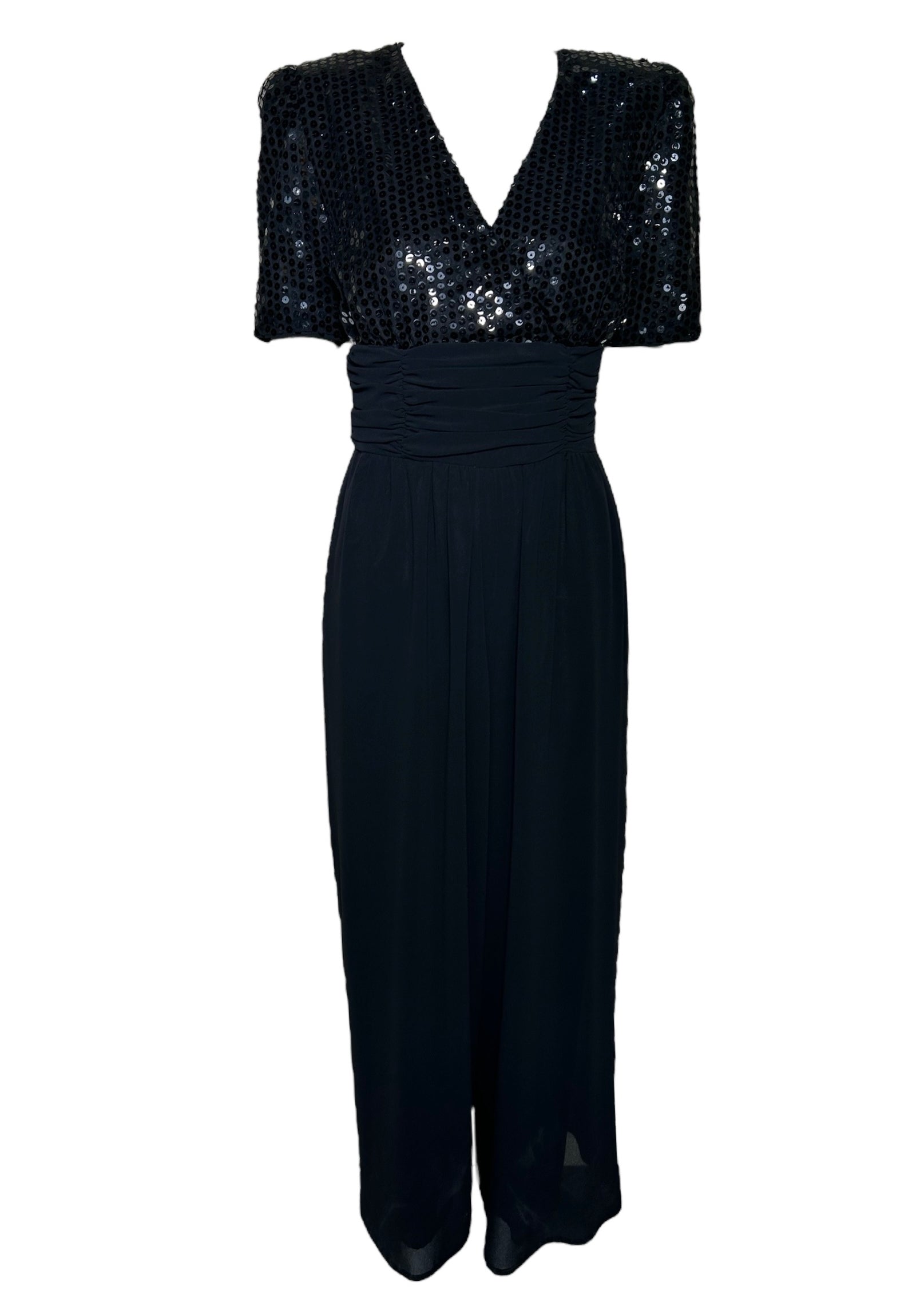 Opening Night 80s Black Sequin Ruched Waist Jumpsuit FRONT PHOTO 1 OF 6