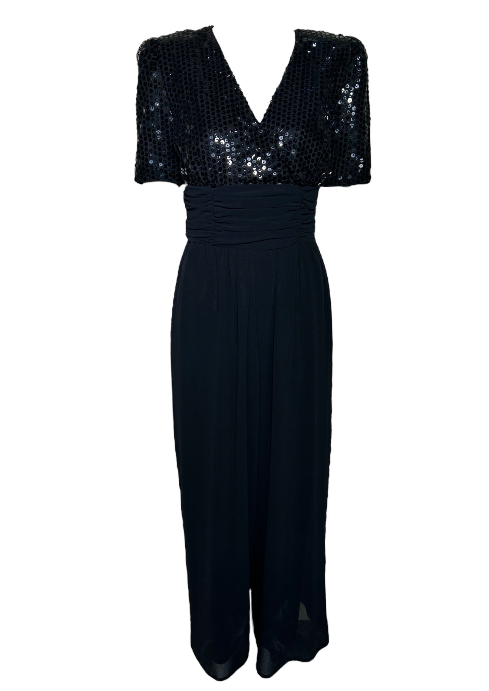 Opening Night 80s Black Sequin Ruched Waist Jumpsuit FRONT PHOTO 1 OF 6