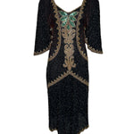 80s Intricately Beaded Black & Gold Silk Holiday Gown w/ Back Sash FRONT PHOTO 1 OF 5