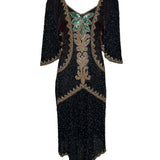 80s Intricately Beaded Black & Gold Silk Holiday Gown w/ Back Sash FRONT PHOTO 1 OF 5