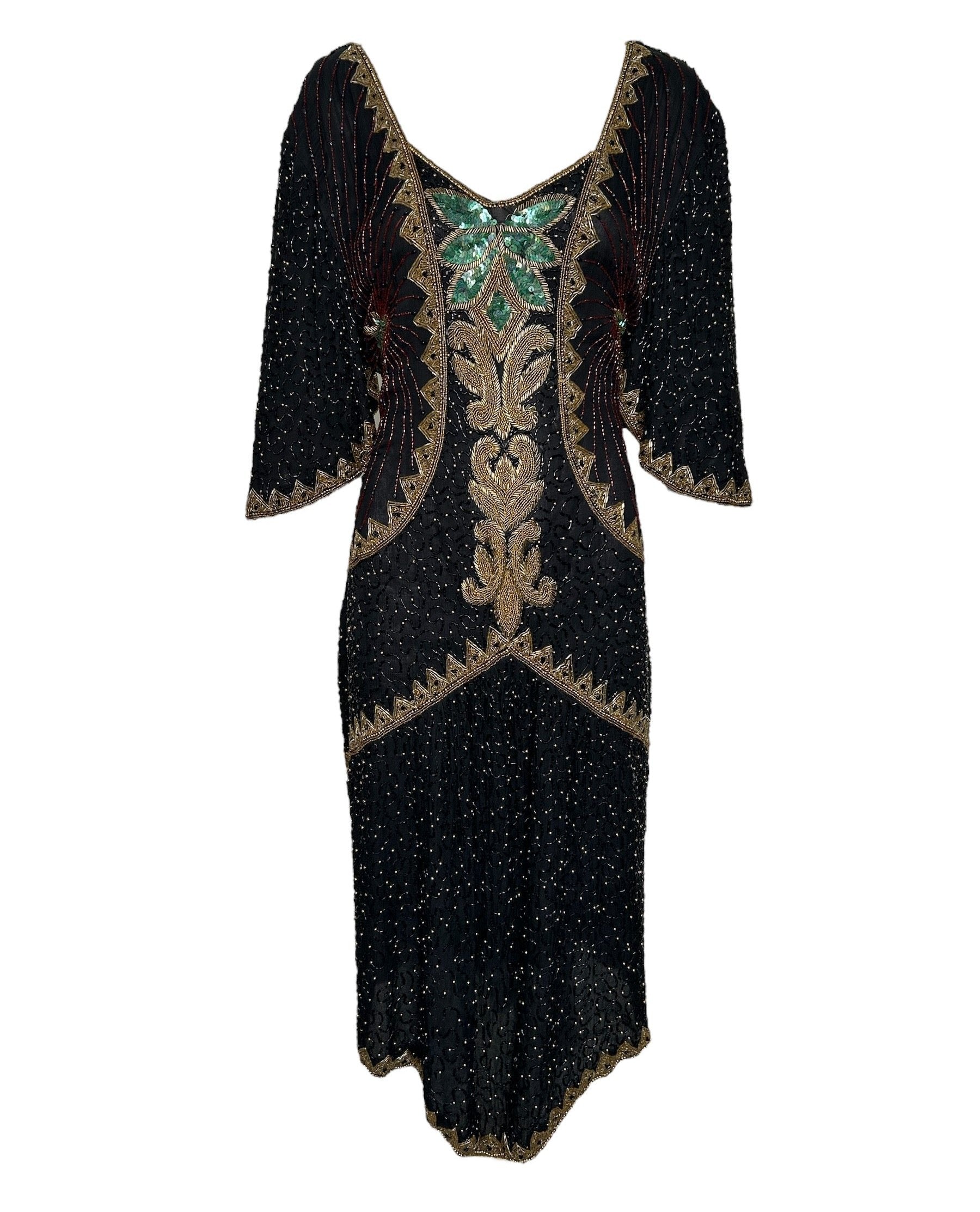 80s Intricately Beaded Black & Gold Silk Holiday Gown w/ Back Sash FRONT PHOTO 1 OF 5