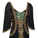 80s Intricately Beaded Black & Gold Silk Holiday Gown w/ Back Sash PROFILE PHOTO 2 OF 5