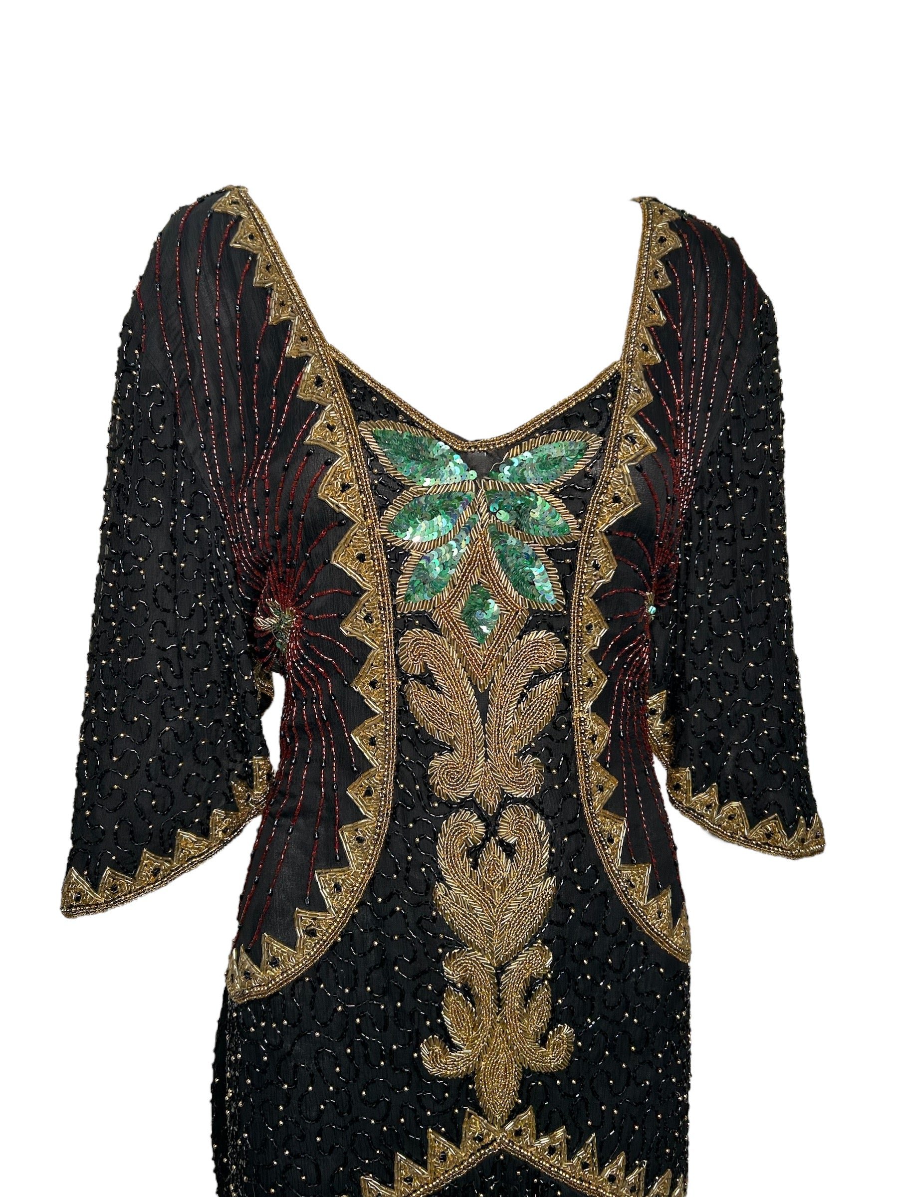 80s Intricately Beaded Black & Gold Silk Holiday Gown w/ Back Sash PROFILE PHOTO 2 OF 5