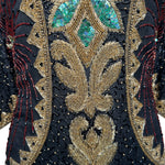 80s Intricately Beaded Black & Gold Silk Holiday Gown w/ Back Sash DETAIL PHOTO 3 OF 5