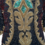 80s Intricately Beaded Black & Gold Silk Holiday Gown w/ Back Sash DETAIL PHOTO 3 OF 5