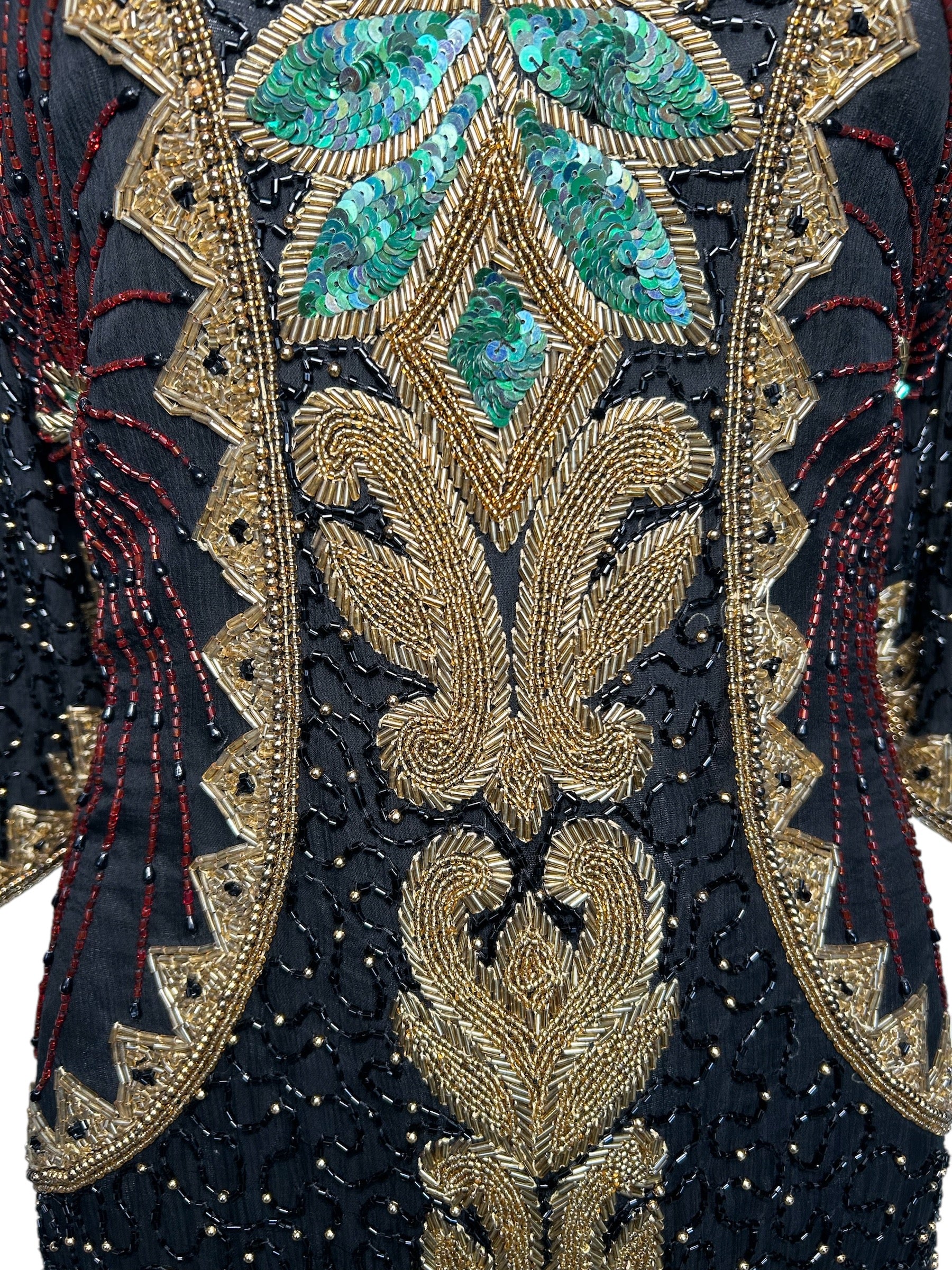 80s Intricately Beaded Black & Gold Silk Holiday Gown w/ Back Sash DETAIL PHOTO 3 OF 5