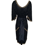 80s Intricately Beaded Black & Gold Silk Holiday Gown w/ Back Sash BACK PHOTO 4 OF 5