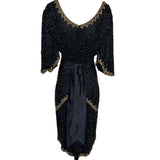 80s Intricately Beaded Black & Gold Silk Holiday Gown w/ Back Sash BACK PHOTO 4 OF 5