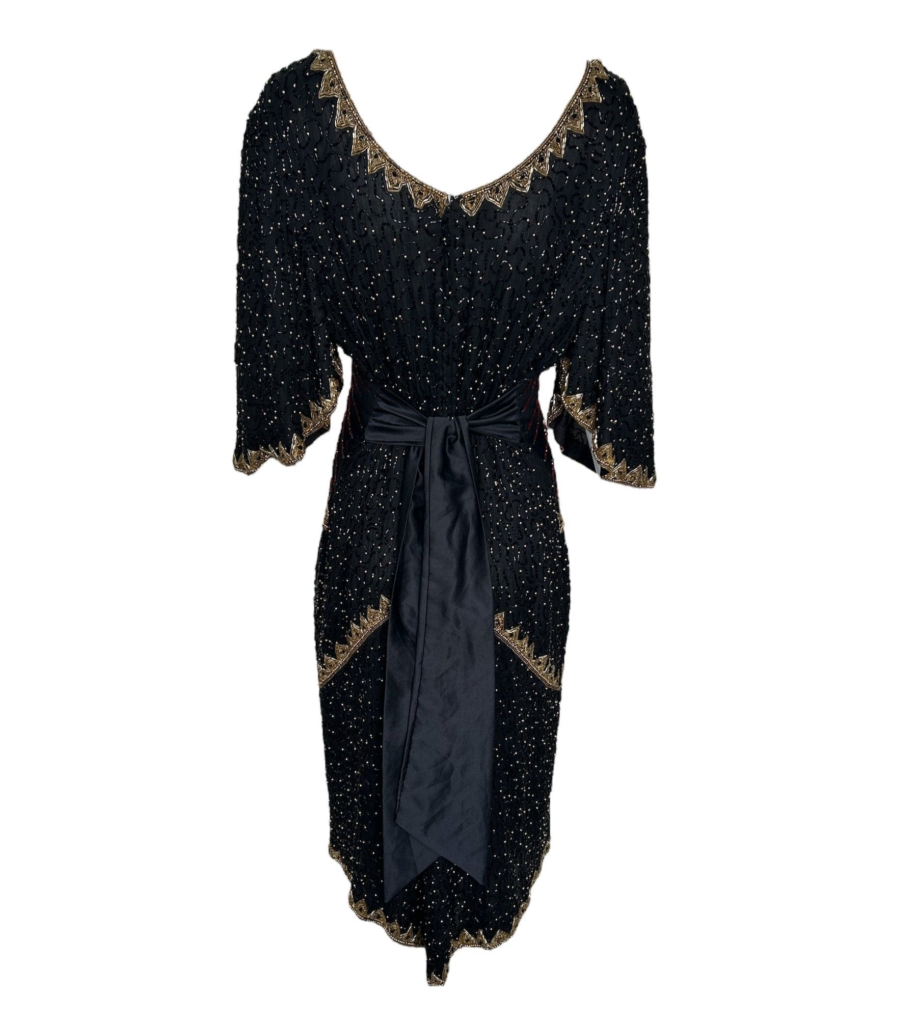 80s Intricately Beaded Black & Gold Silk Holiday Gown w/ Back Sash BACK PHOTO 4 OF 5