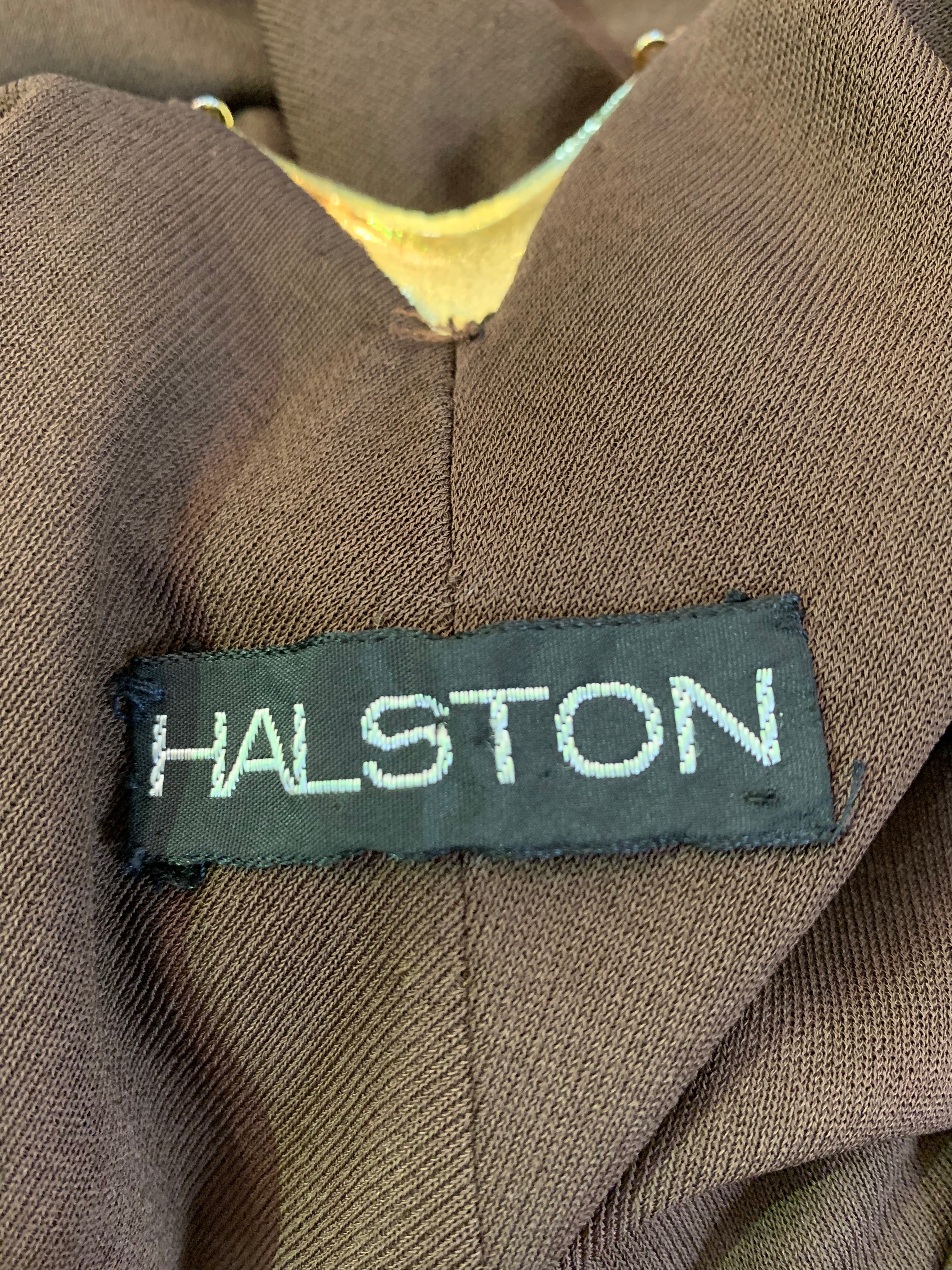 1970s Halston Brown Matte Jersey Flutter Capelet Dress, label