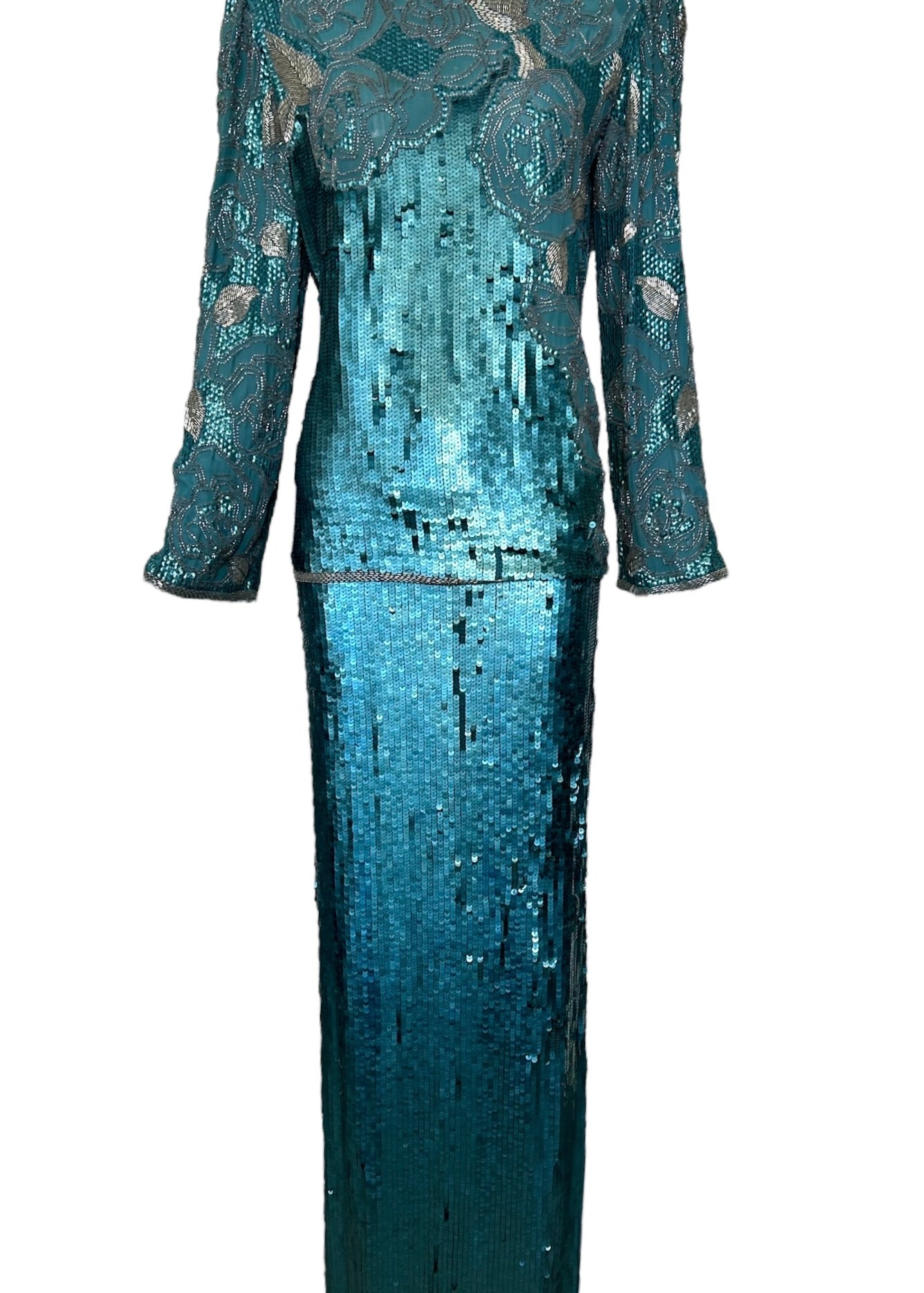 Halston Fantastic Blue Sequin and Beaded Ensemble FRONT PHOTO 1 OF 9