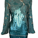 Halston Fantastic Blue Sequin and Beaded Ensemble DETAIL FRONT PHOTO 3 OF 9