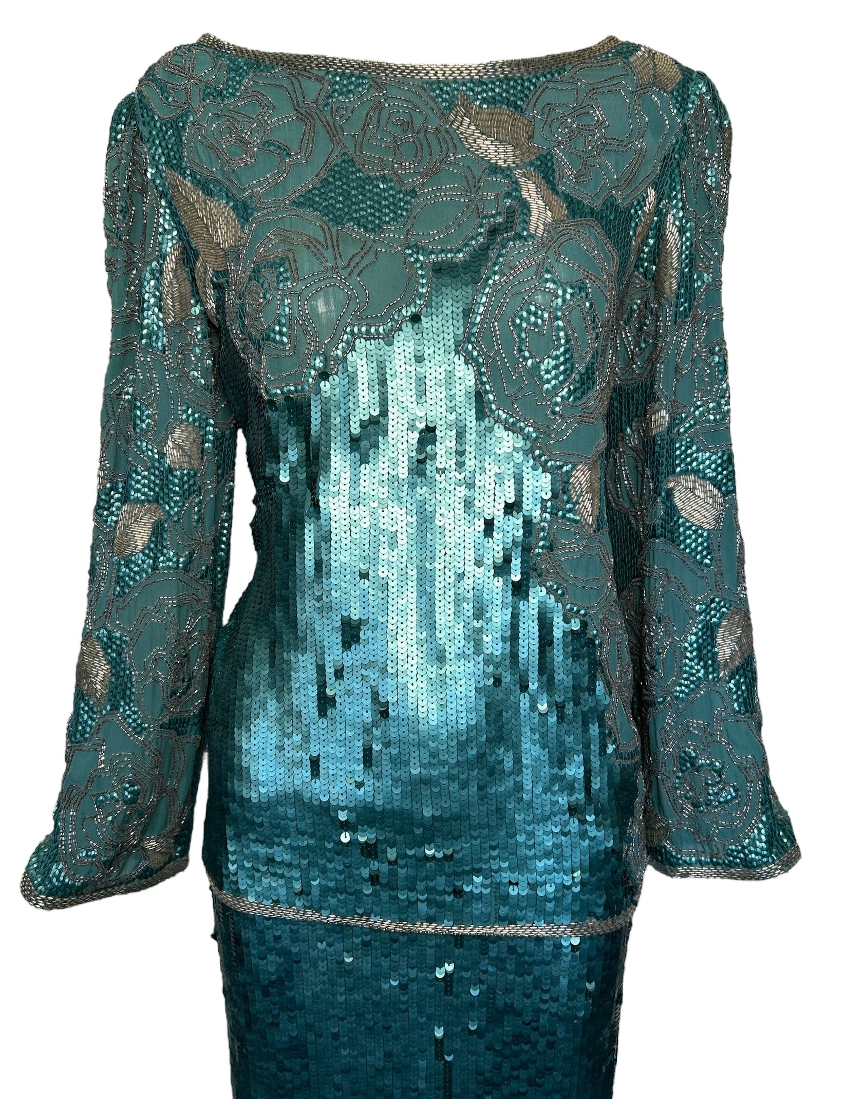 Halston Fantastic Blue Sequin and Beaded Ensemble DETAIL FRONT PHOTO 3 OF 9