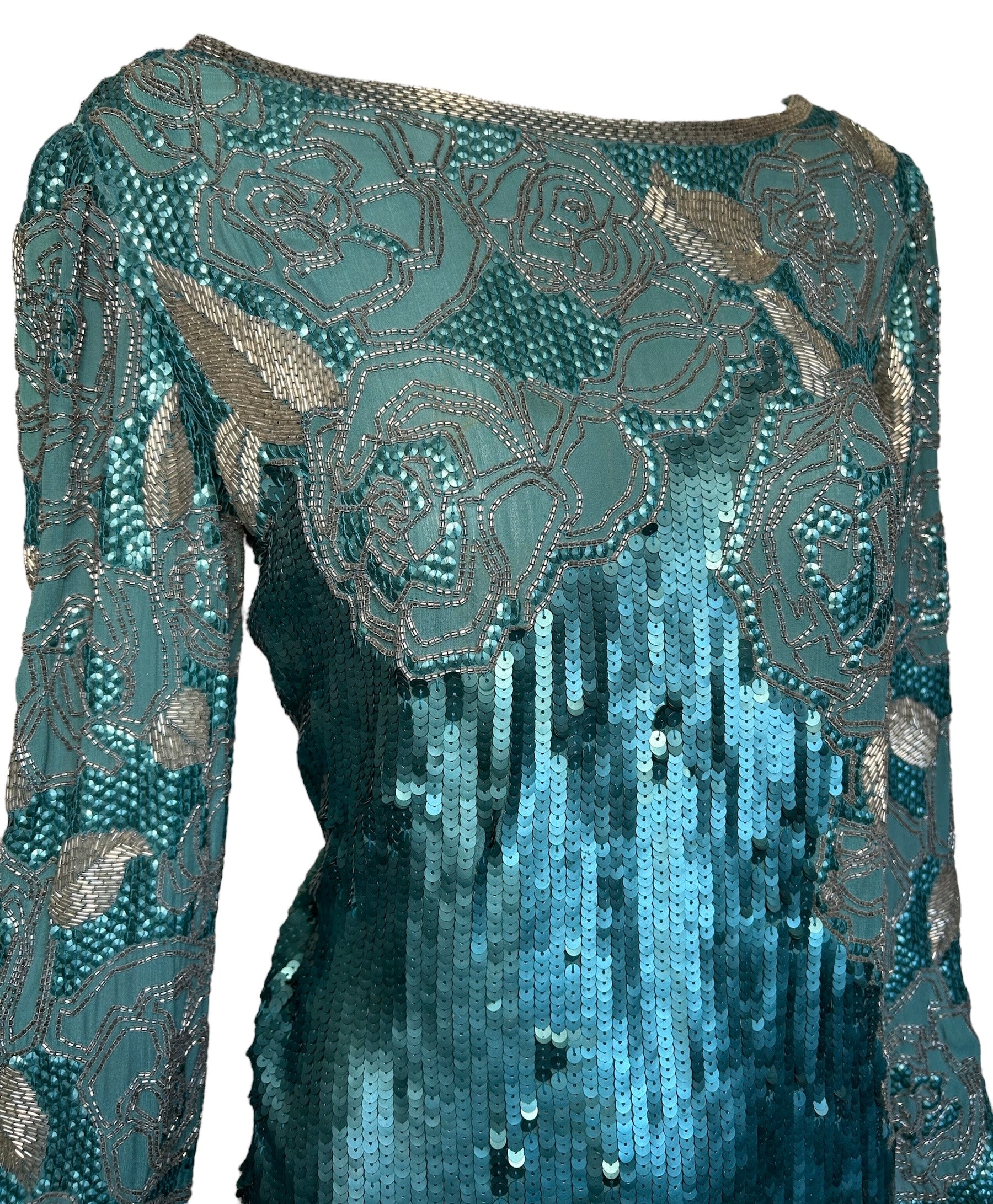 Halston Early 1980s Aqua Blue Sequin and Beaded Evening Gown Ensemble Halston Early 1980s Aqua Blue Sequin and Beaded Evening Gown Ensemble