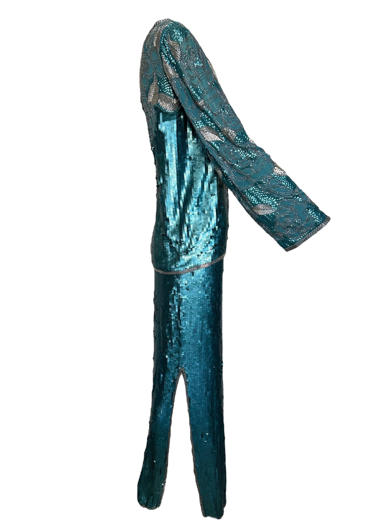 Halston Fantastic Blue Sequin and Beaded Ensemble SIDE PHOTO 4 OF 9