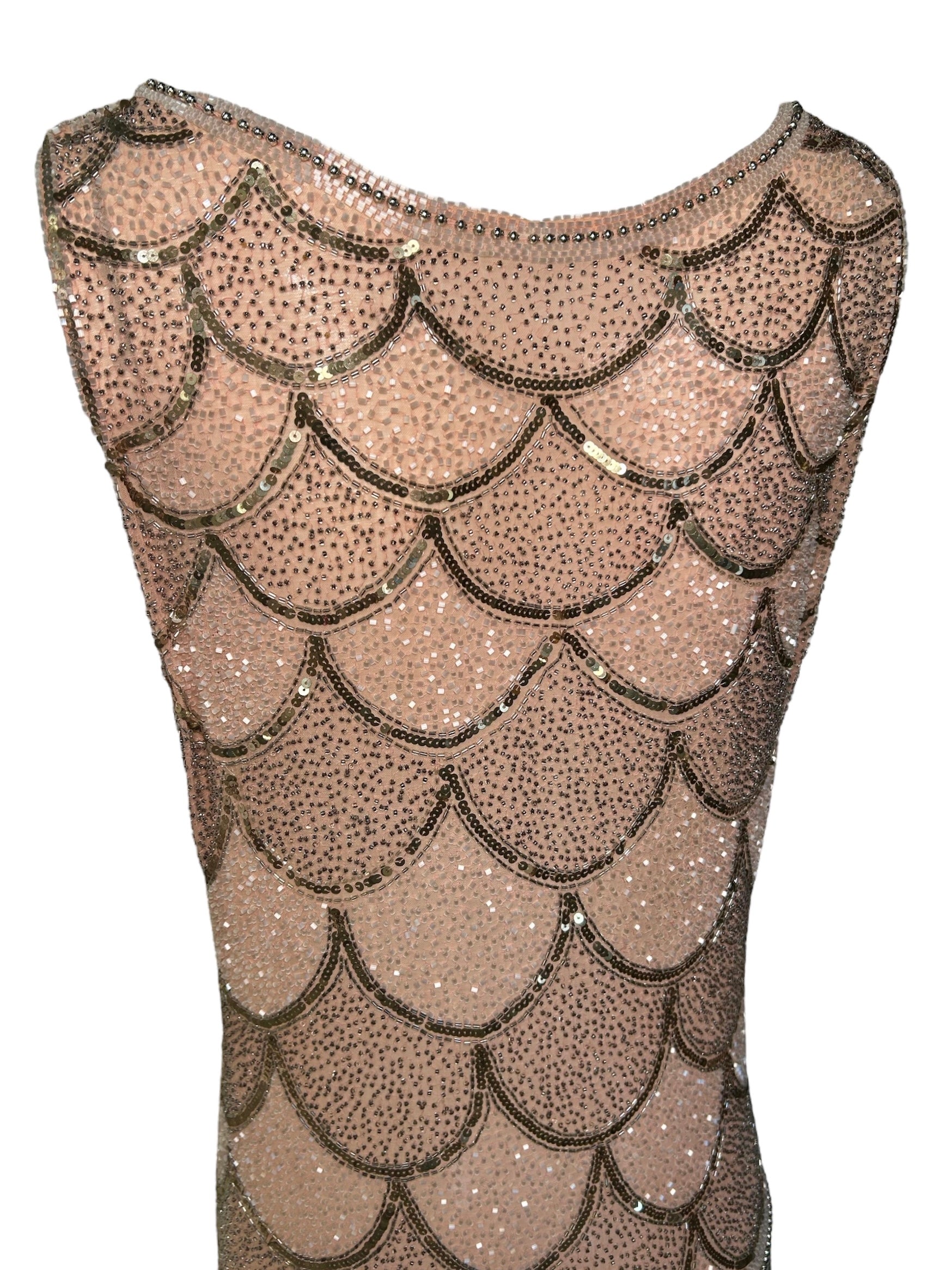 1920s Pink Intricately Beaded Scallop Bodice Flapper Gown BACK DETAIL PHOTO 5 OF 7