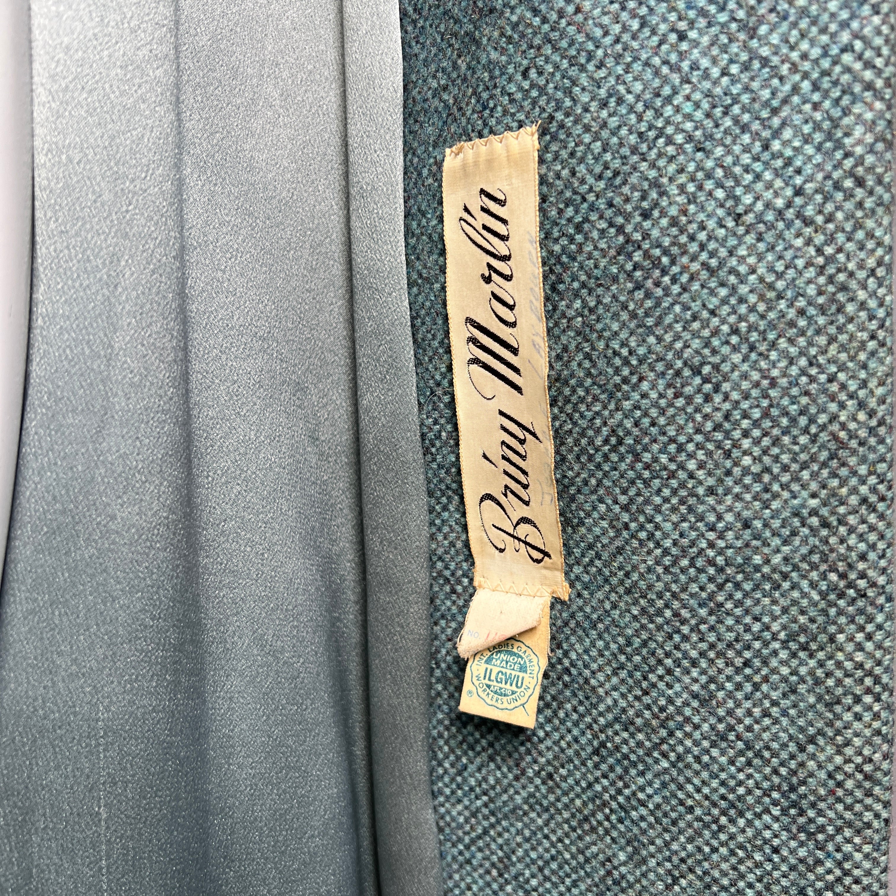 Balmain for TWA 1965 French Heather Blue Pebble Tweed Wool Flight Attendant Coat LABEL 2 + UNION TAG