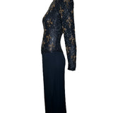 Bob Mackie 1990s Fleur de Lys Beaded Long Sleeve Cocktail Gown