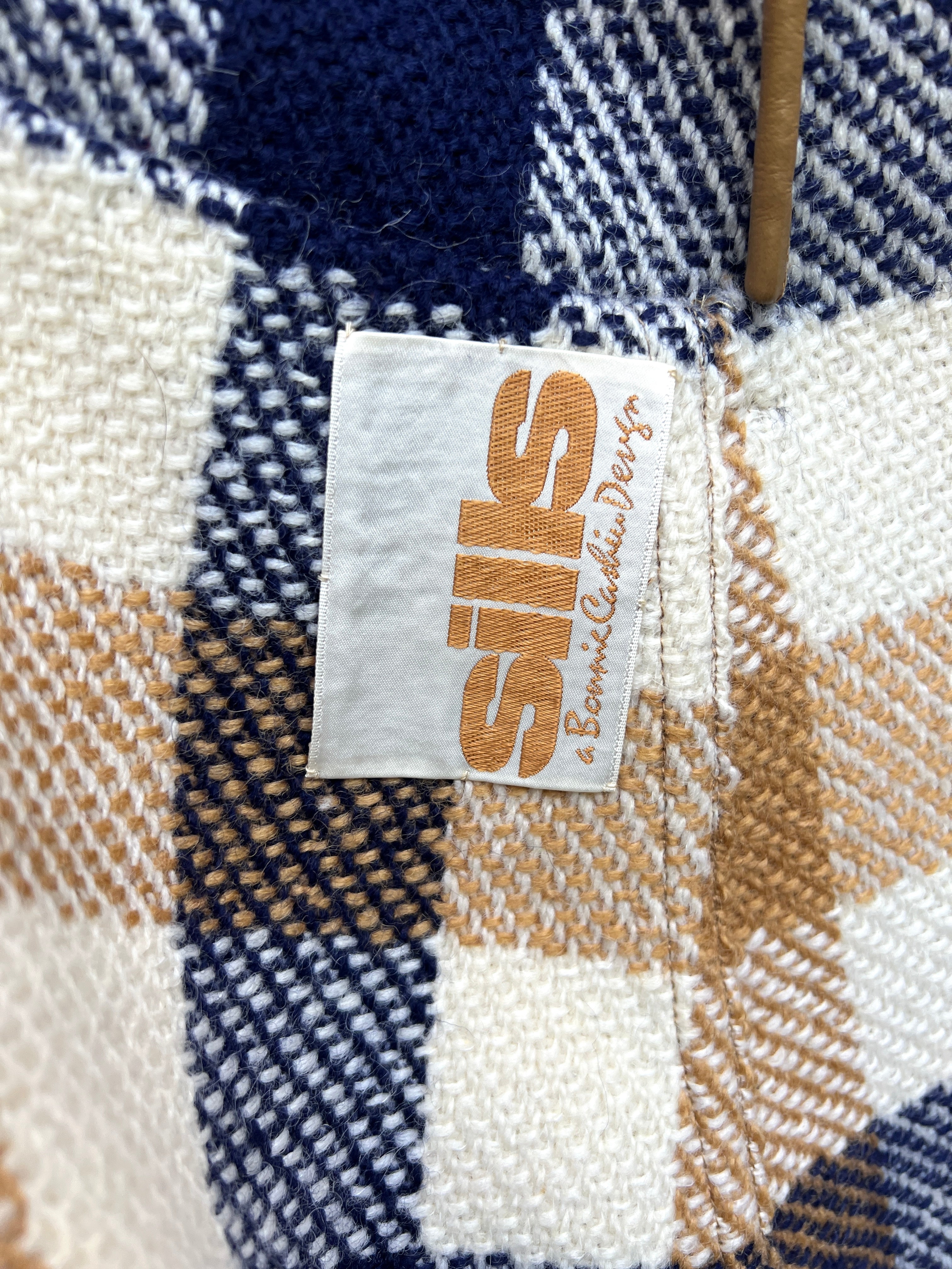  Bonnie Cashin for Sills Spring 1968 Cream, Tan, and Navy Plaid Tweed Coat LABEL