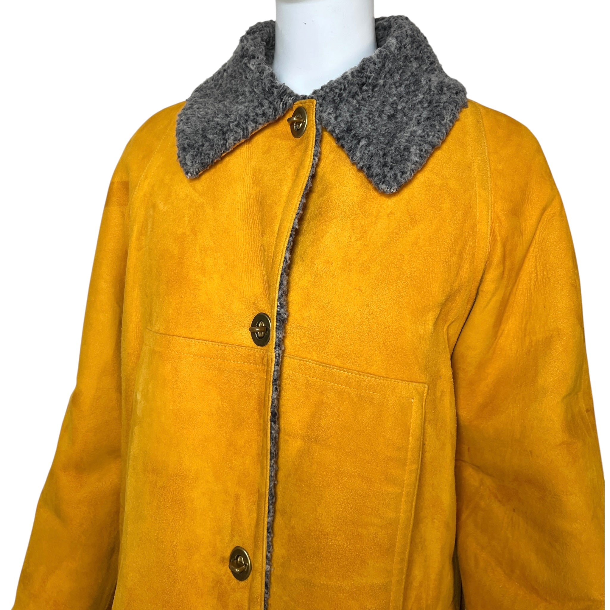 Bonnie Cashin for Sills 1960's Ochre Suede Coat with Grey Shearling Lining, top front
