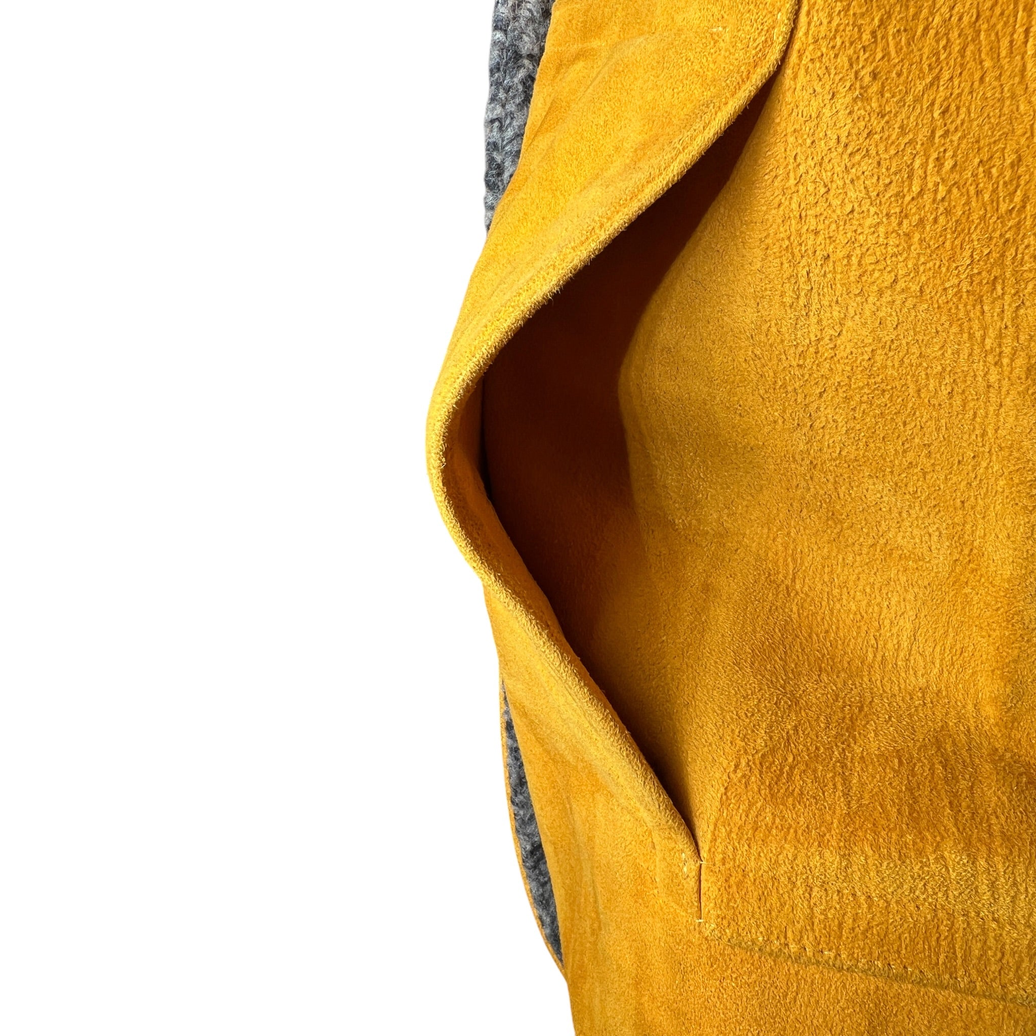 Bonnie Cashin for Sills 1960's Ochre Suede Coat with Grey Shearling Lining, hidden flat pocket at front waist