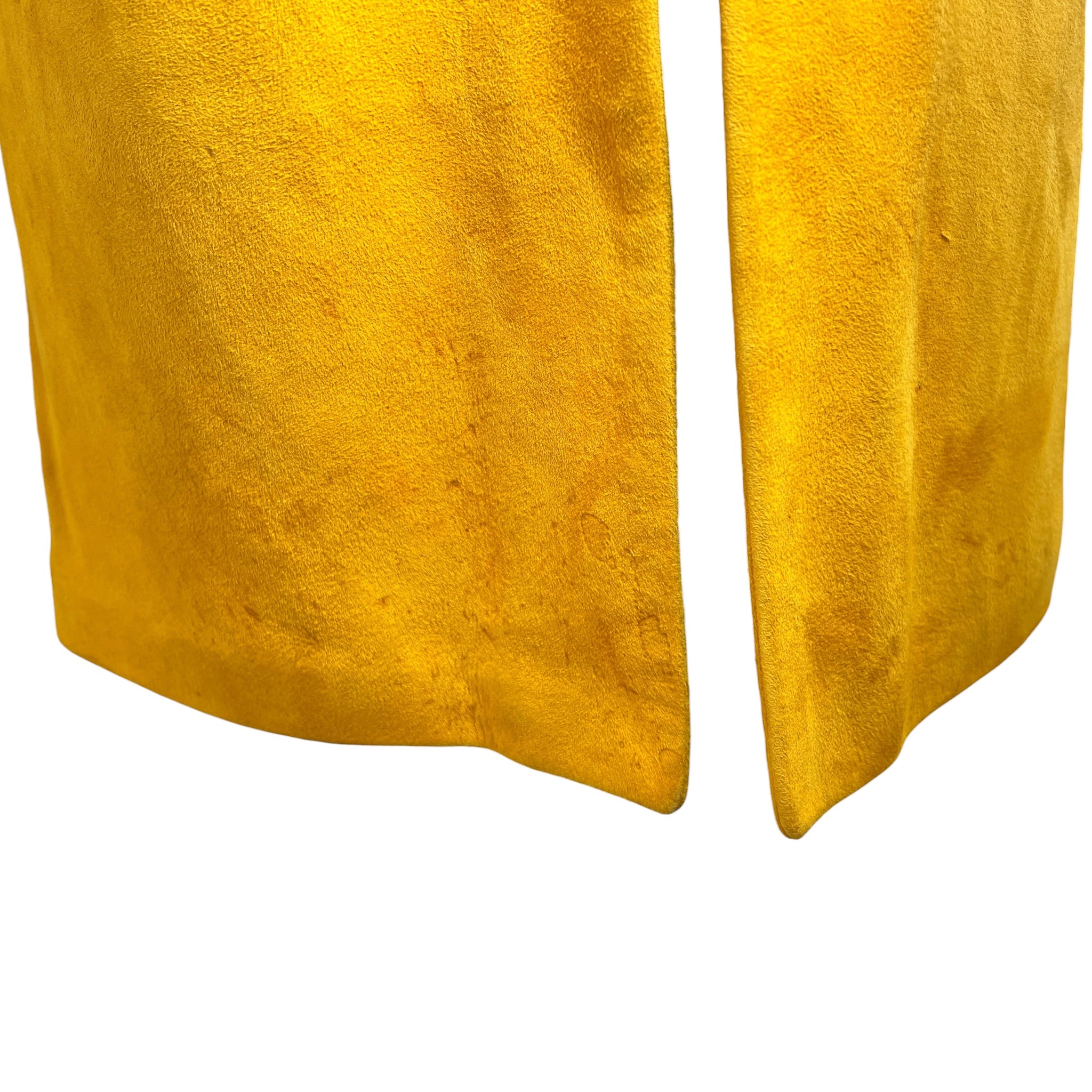 Bonnie Cashin for Sills 1960's Ochre Suede Coat with Grey Shearling Lining, splatter mark on lower back of coat