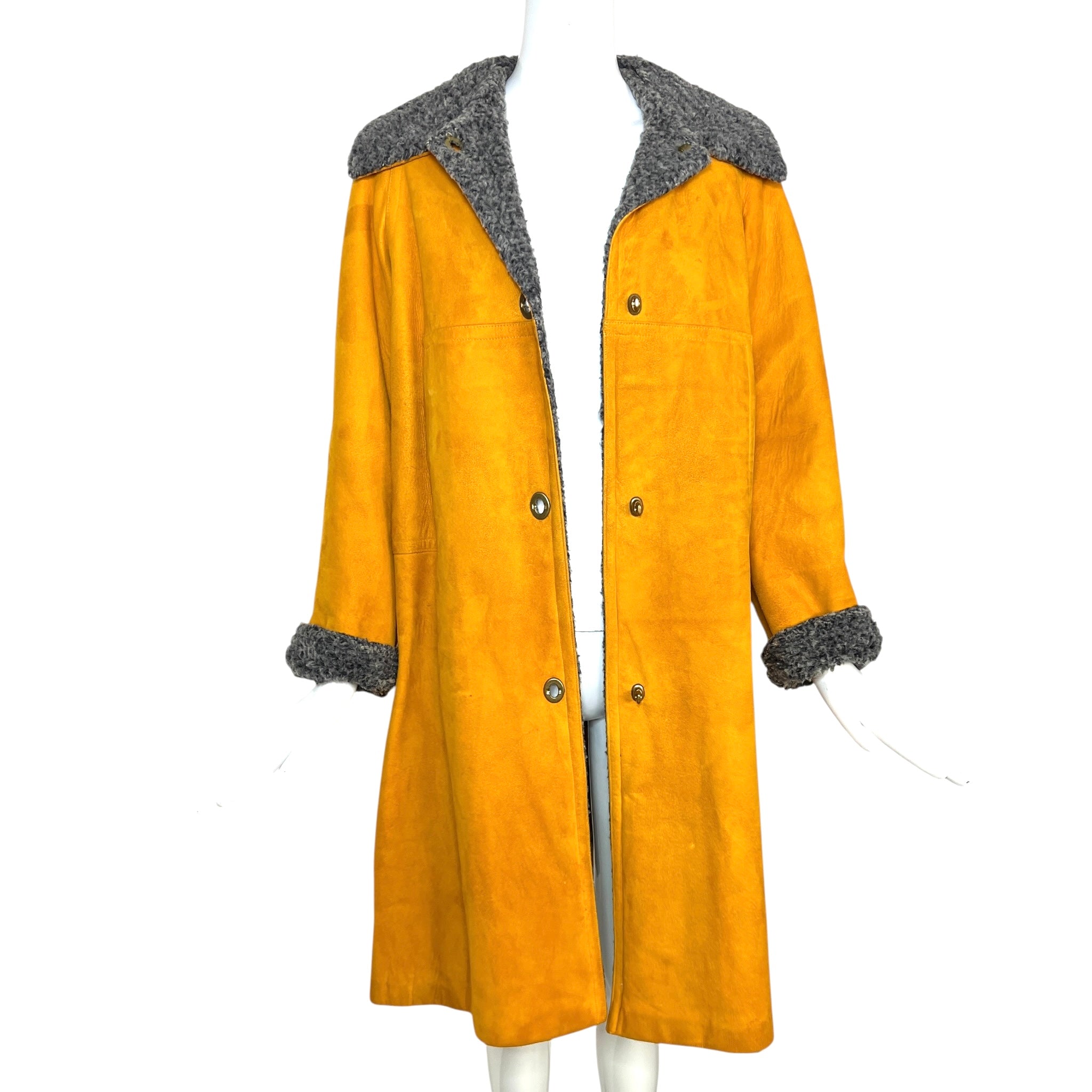 Bonnie Cashin for Sills 1960's Ochre Suede Coat with Grey Shearling Lining, open