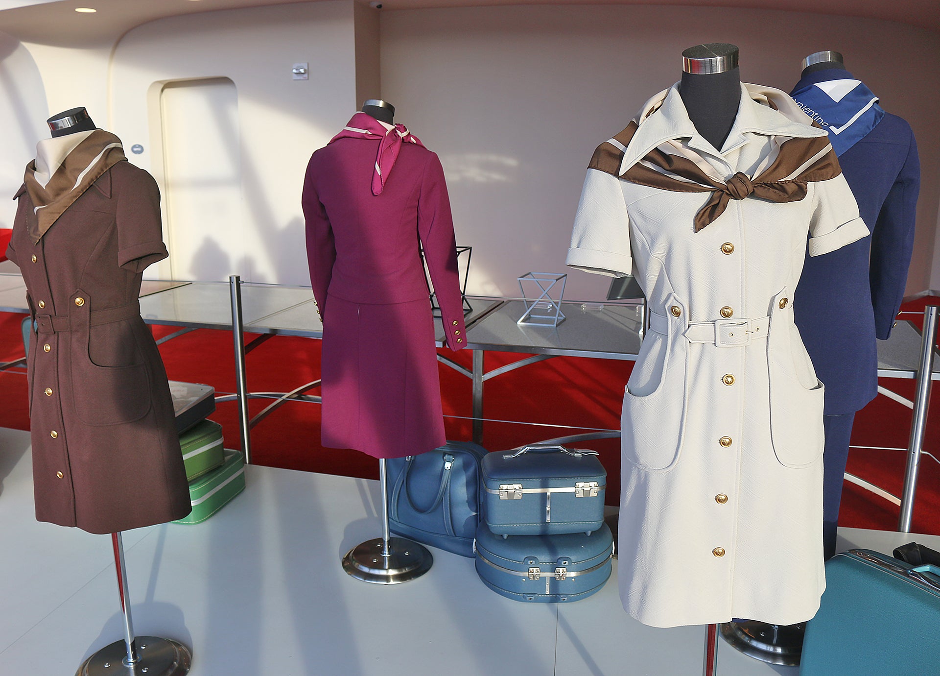 Valentino 1970's Purple Three Piece TWA Flight Attendant Uniform , museum exhibition 