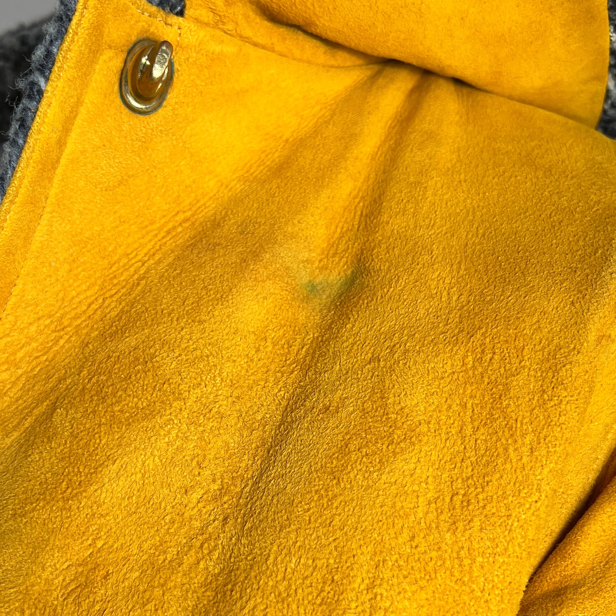 Bonnie Cashin for Sills 1960's Ochre Suede Coat with Grey Shearling Lining, small tarnish stain where collar folds over