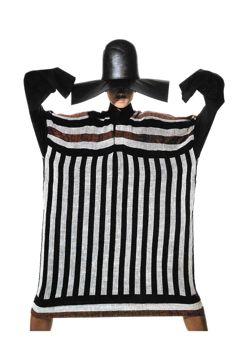 Issey Miyake S/S 1985 Gauzy Block Print Striped Tunic Button Up Shirt, photo by Irving Penn