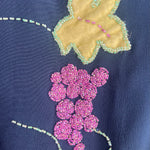 1920's Midnight Blue Silk Crepe Dress with Hand Embroidered Grape Vine, detail