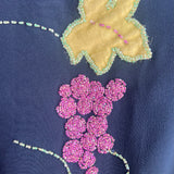 1920's Midnight Blue Silk Crepe Dress with Hand Embroidered Grape Vine, detail