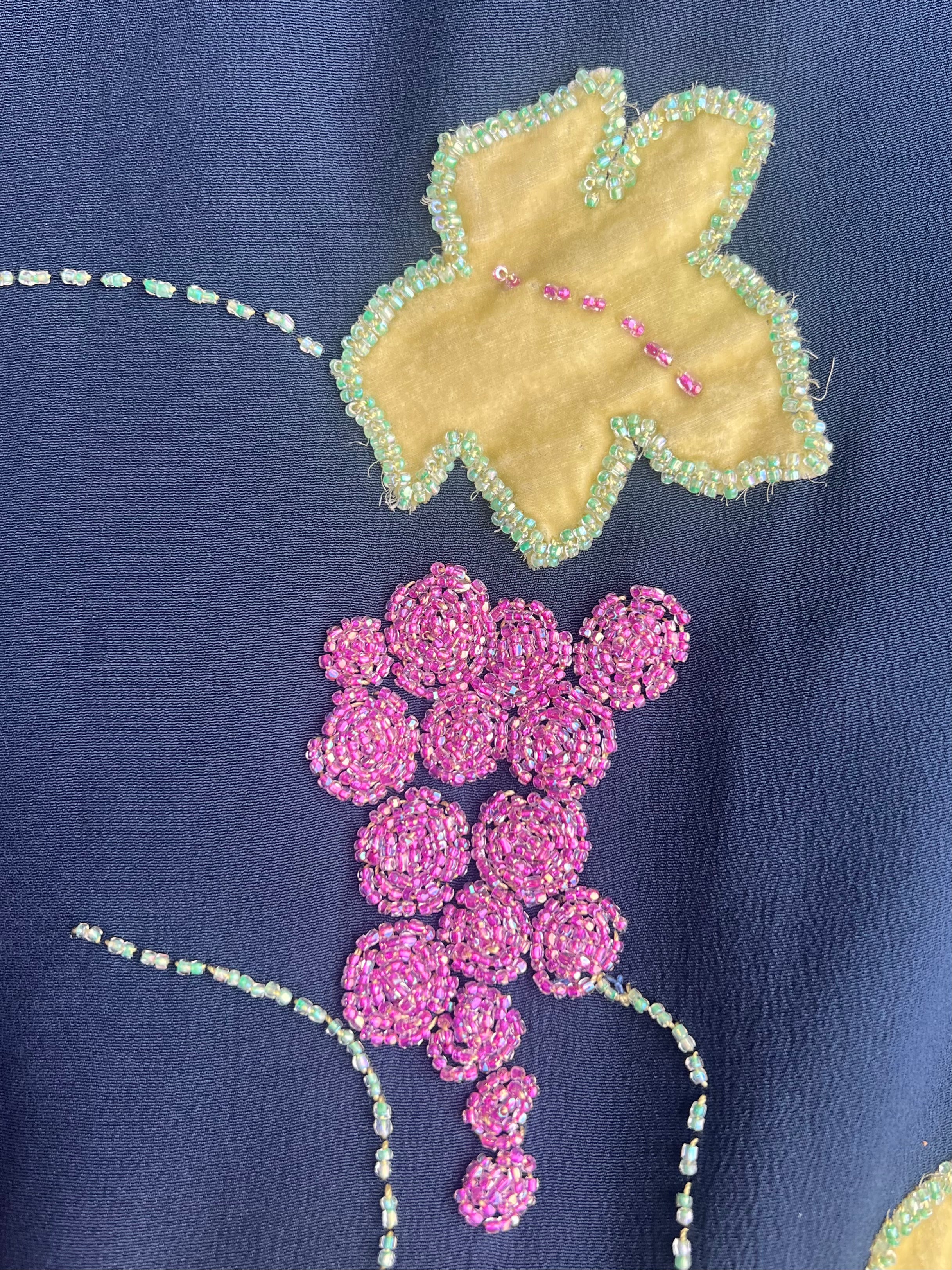 1920's Midnight Blue Silk Crepe Dress with Hand Embroidered Grape Vine, detail