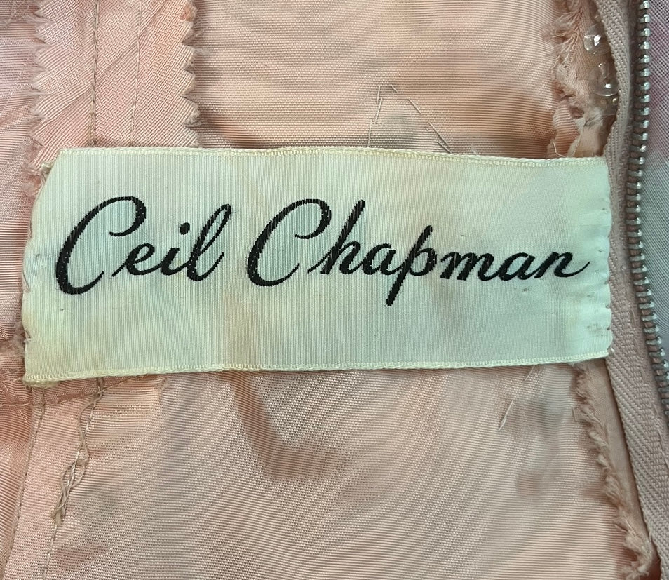 Ceil Chapman 1950s Coral Pink Beaded Dress TAG PHOTO 4 OF 6