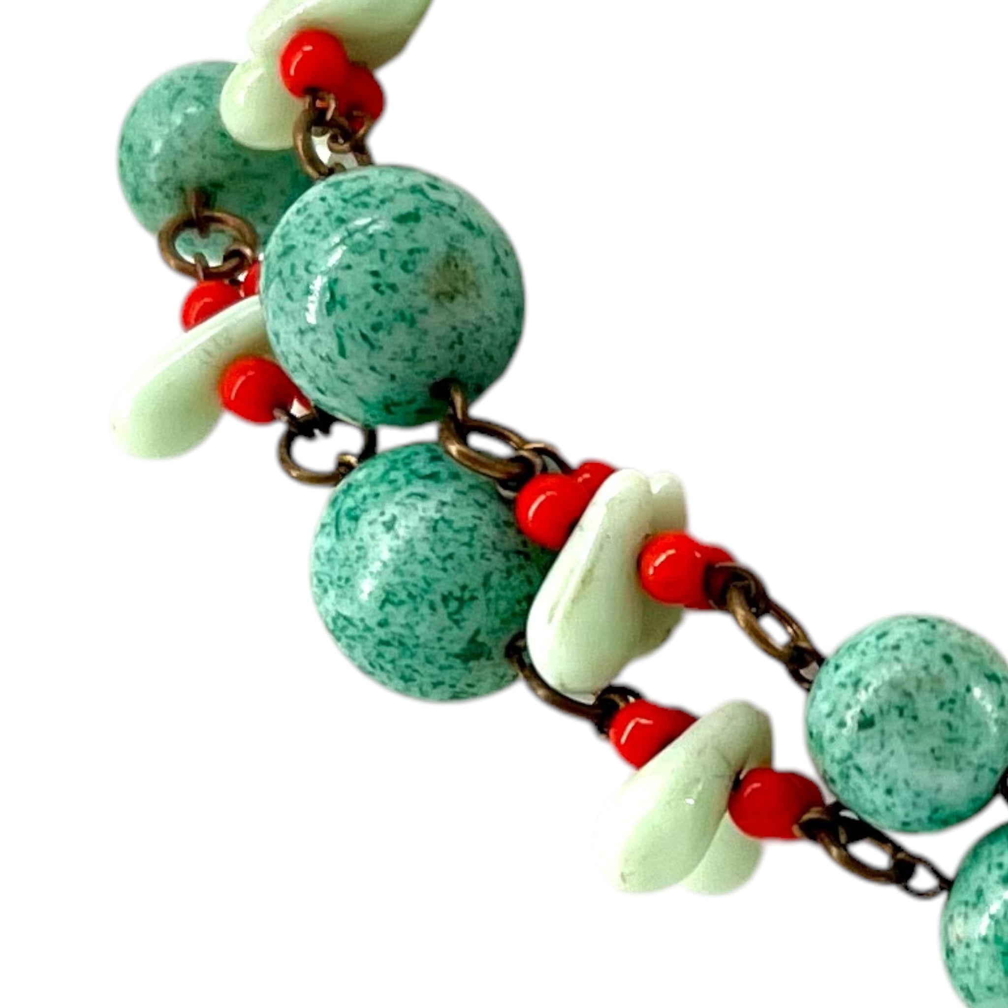 Faux Turquoise and Coral Beaded Double Strand Necklace and Earring Set detail