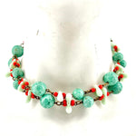 Faux Turquoise and Coral Beaded Double Strand Necklace and Earring Set, close up beads