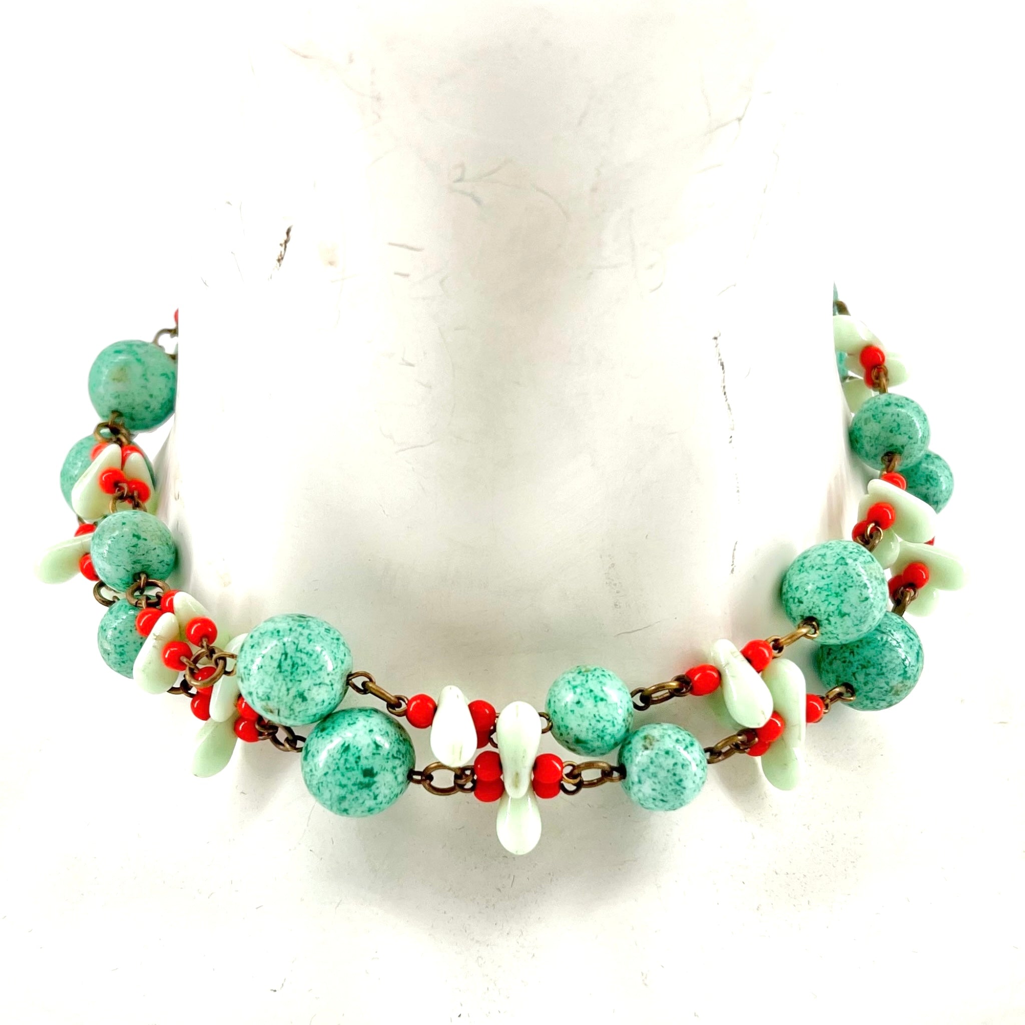 Faux Turquoise and Coral Beaded Double Strand Necklace and Earring Set, close up beads