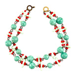 Faux Turquoise and Coral Beaded Double Strand Necklace and Earring Set, open necklace