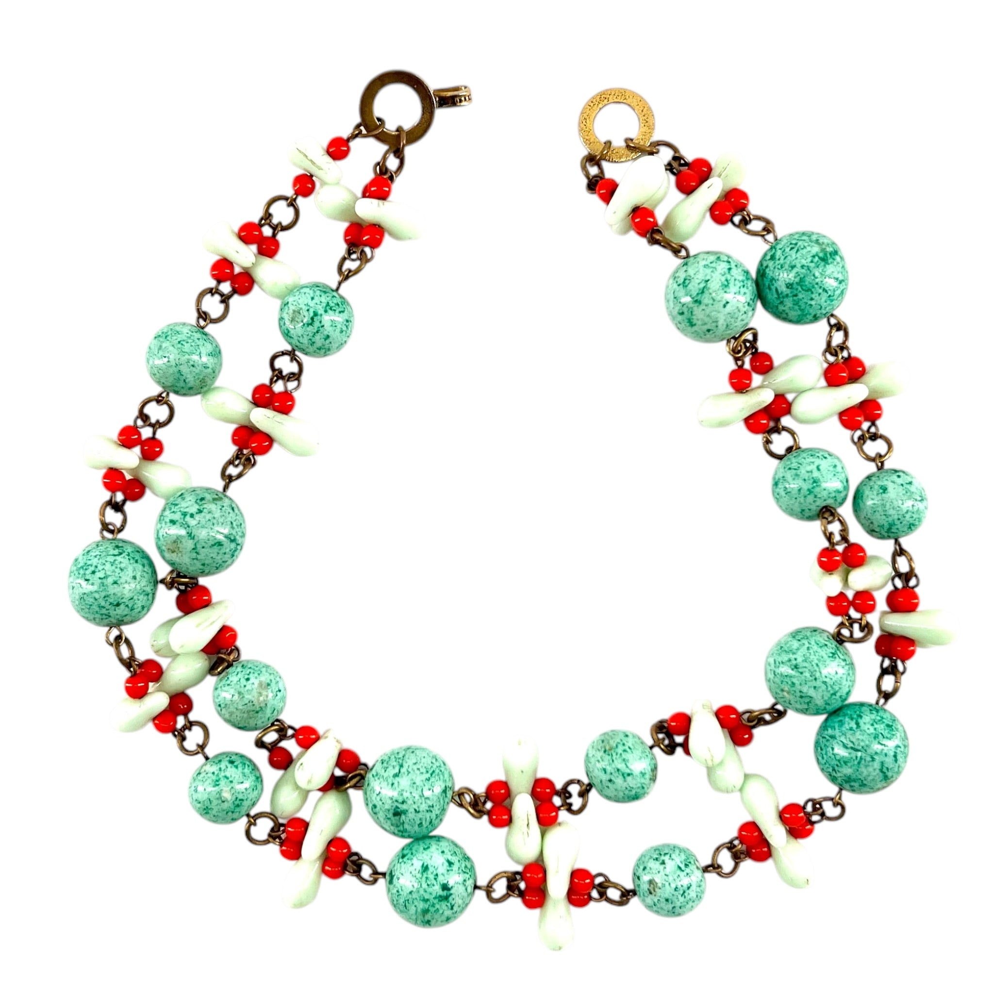 Faux Turquoise and Coral Beaded Double Strand Necklace and Earring Set, open necklace