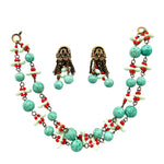 Faux Turquoise and Coral Beaded Double Strand Necklace and Earring Set, open