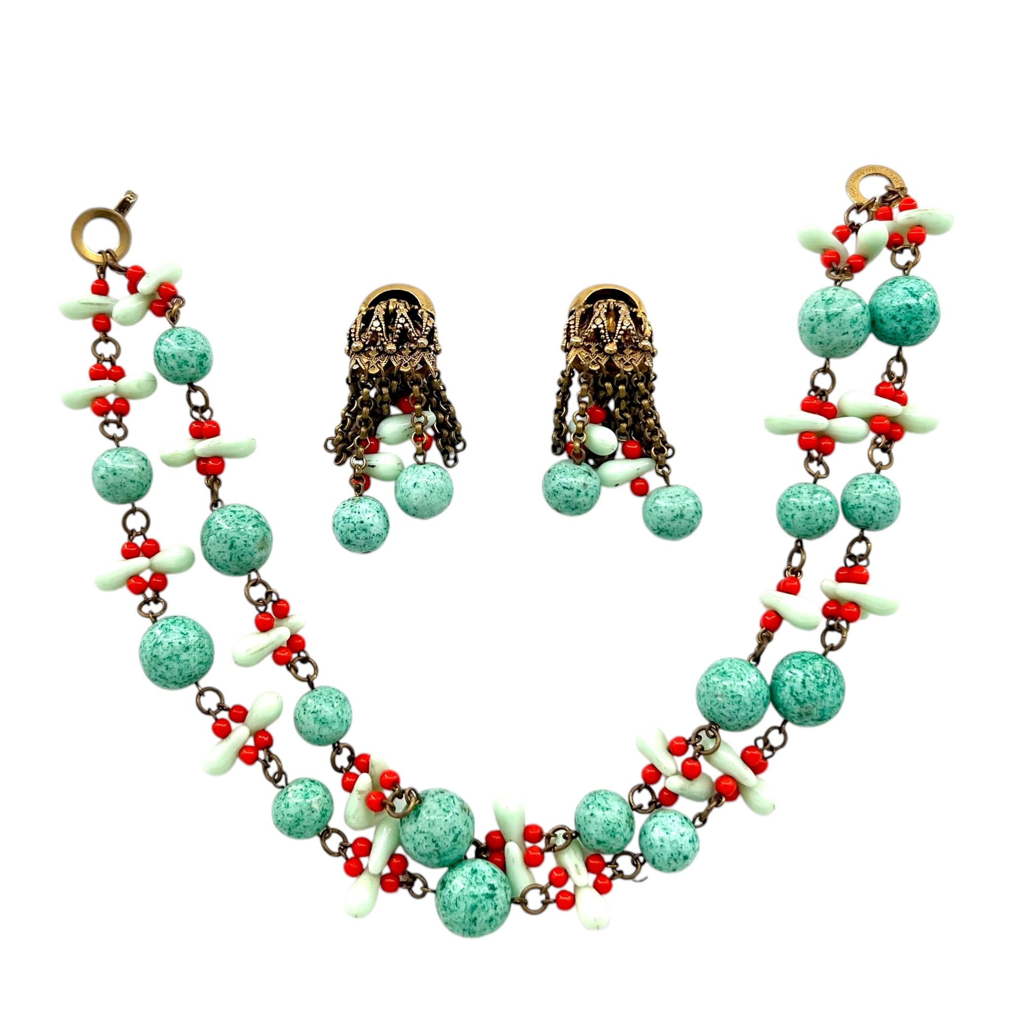 Faux Turquoise and Coral Beaded Double Strand Necklace and Earring Set, open