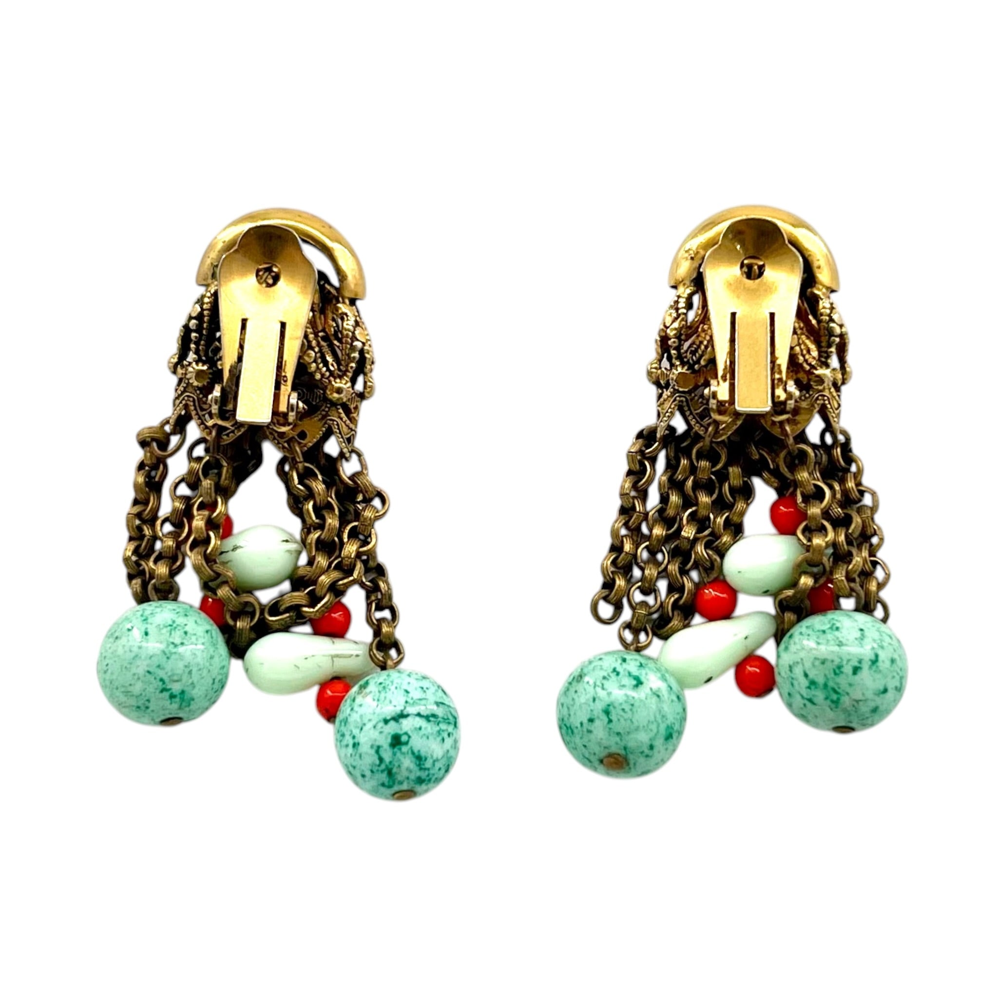 Faux Turquoise and Coral Beaded Double Strand Necklace and Earring Set, clip backs