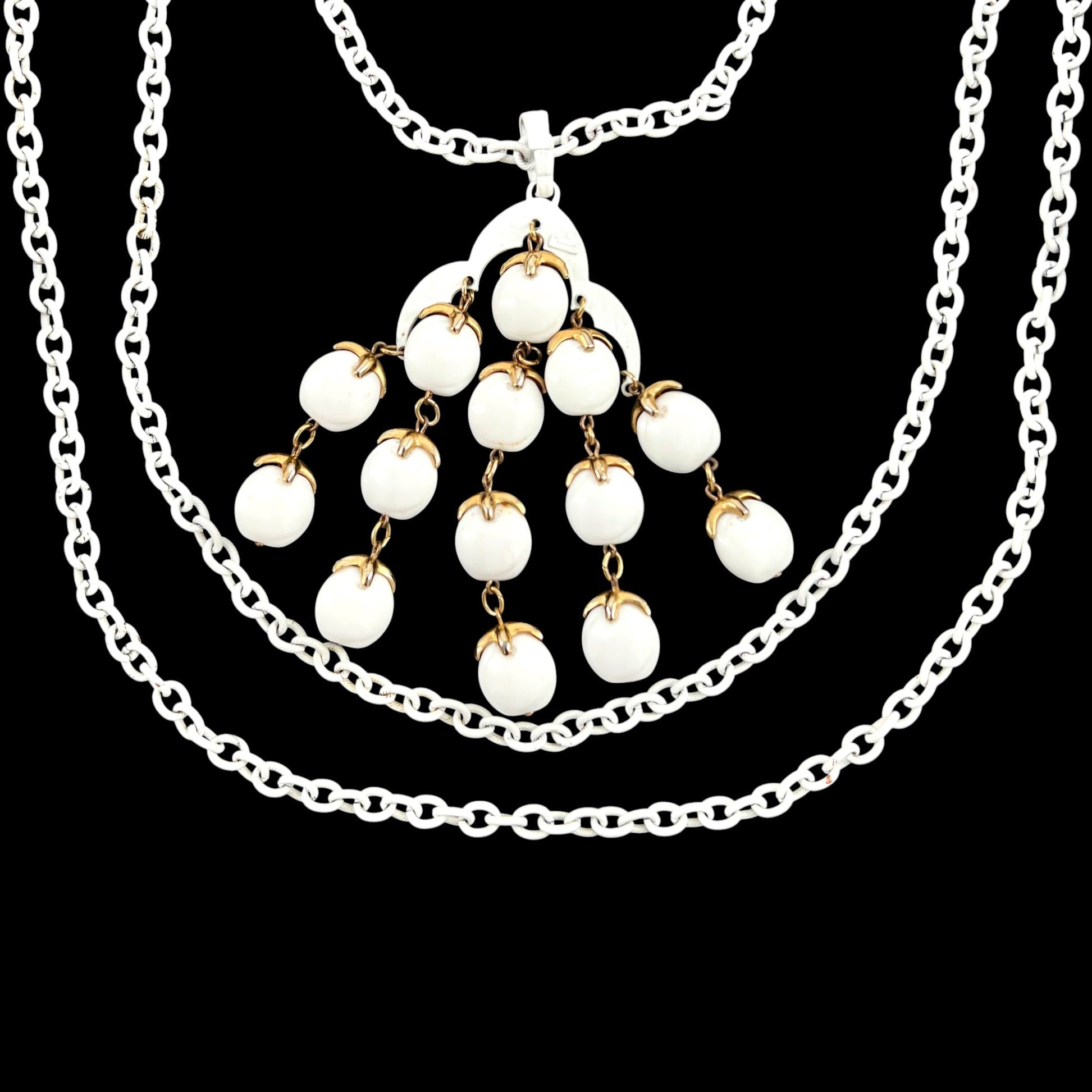 Trifari 1960s/70s White Waterfall Pendant Necklace, pendant detail on black